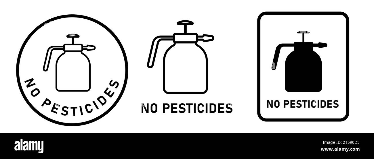 Keine Pestizide Schädlingsspray schädliche Chemikalien Sprayer Fungizid Herbizid Emblem Aufkleber schwarz weiß Stock Vektor