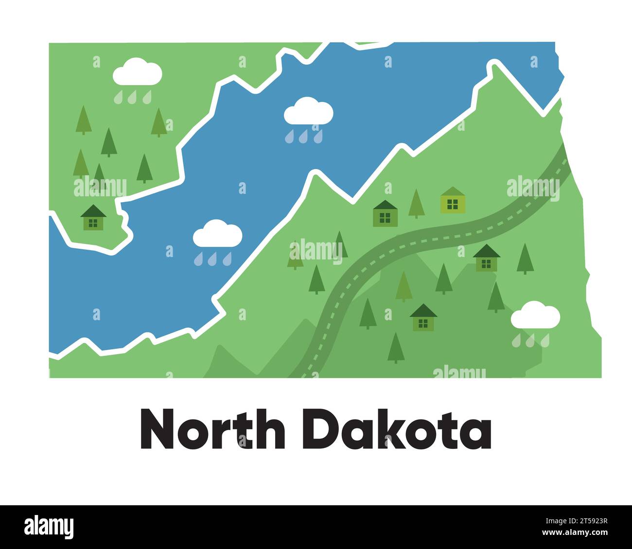 North Dakota Kartenform Vereinigte staaten Amerika grüner Wald handgezeichnet Cartoon Stil mit Bäumen Reisegelände Stock Vektor