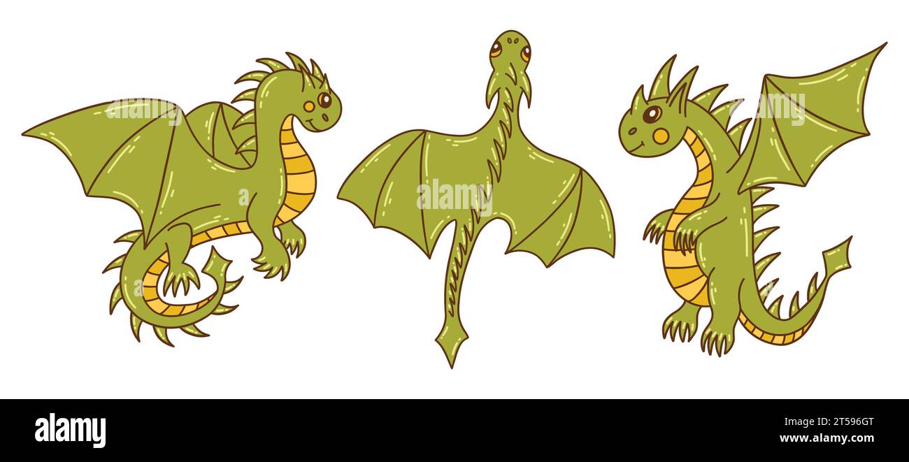 Gruppe von grünen fliegenden Drachen. Bunte Vektor isolierte Illustration Hand gezeichnet Kritzelei. Symbol des Jahres 2024. Reptilien aus asiatischen Ländern, Orienta Stock Vektor