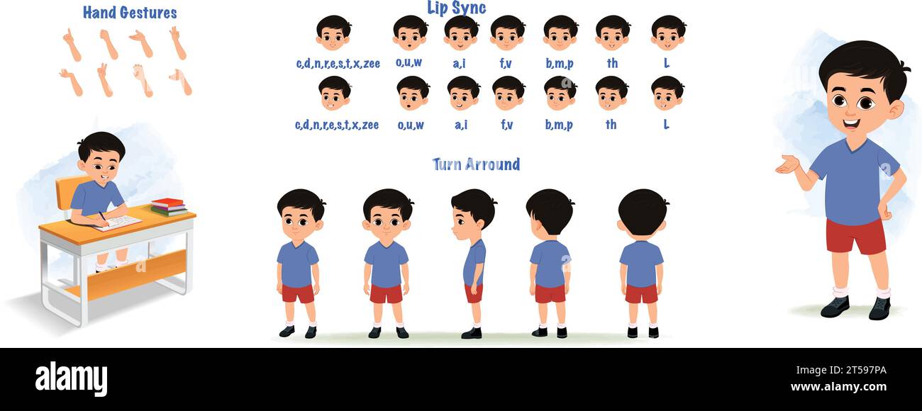 Ein Modellblatt für Studentencharakter. Creation Set für Schuljungen. Kursteilnehmerblatt, Handgesten, Lippensynchronisation Stock Vektor