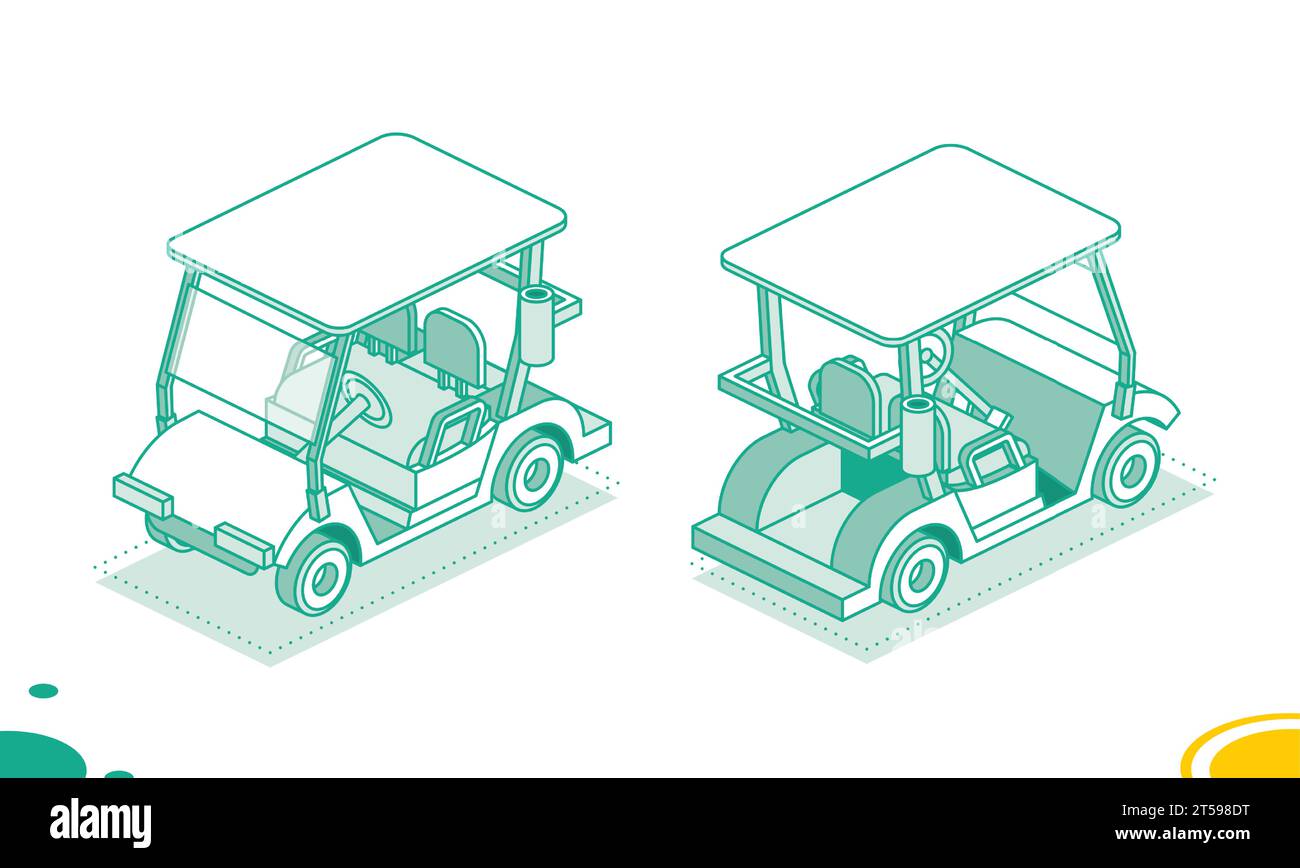 Golfwagen isoliert auf weißem Hintergrund. Isometrisches Golfwagensymbol. Vektorabbildung. Vorder- und Rückansicht. Stock Vektor