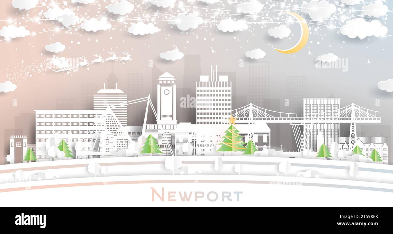 Newport Wales. Winter City Skyline im Papierschnitt-Stil mit Schneeflocken, Mond und Neongirlande. Weihnachten, Neujahrskonzept. Weihnachtsmann auf Schlitten. Newp Stock Vektor