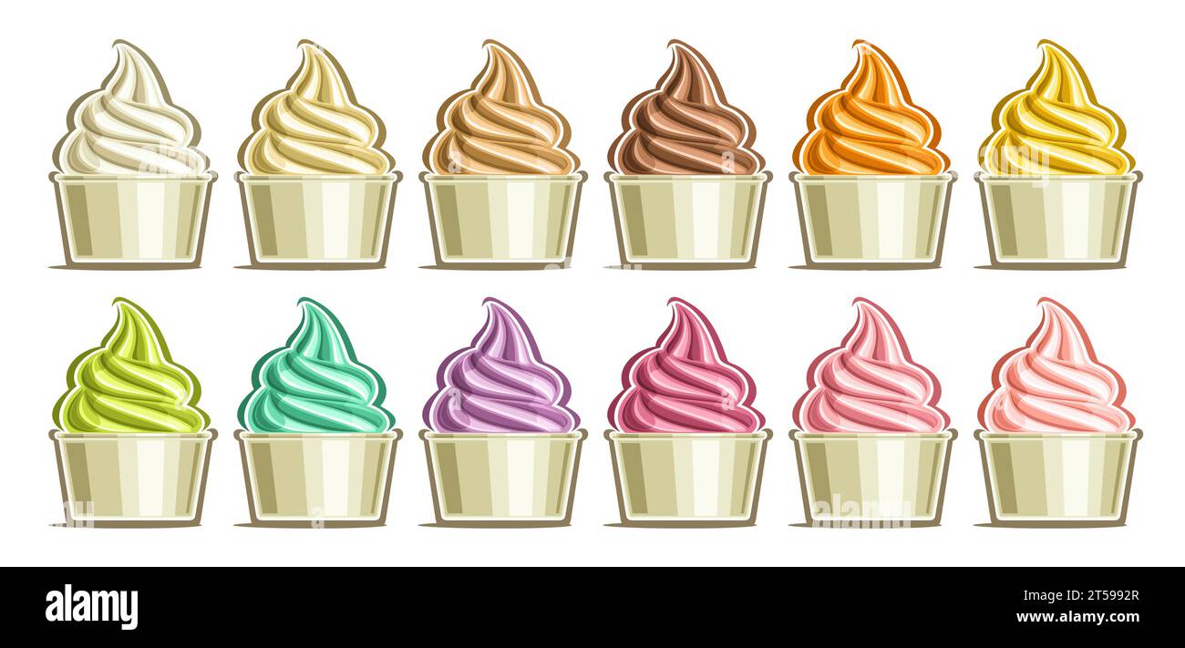 Vector Frozen Yoghurt Set, Banner mit Umrissdarstellung der Gruppe Varieté Eis, Milchgeschmack und Beeren leckeren Swirl Frozen Joghurts, Sammlung Stock Vektor