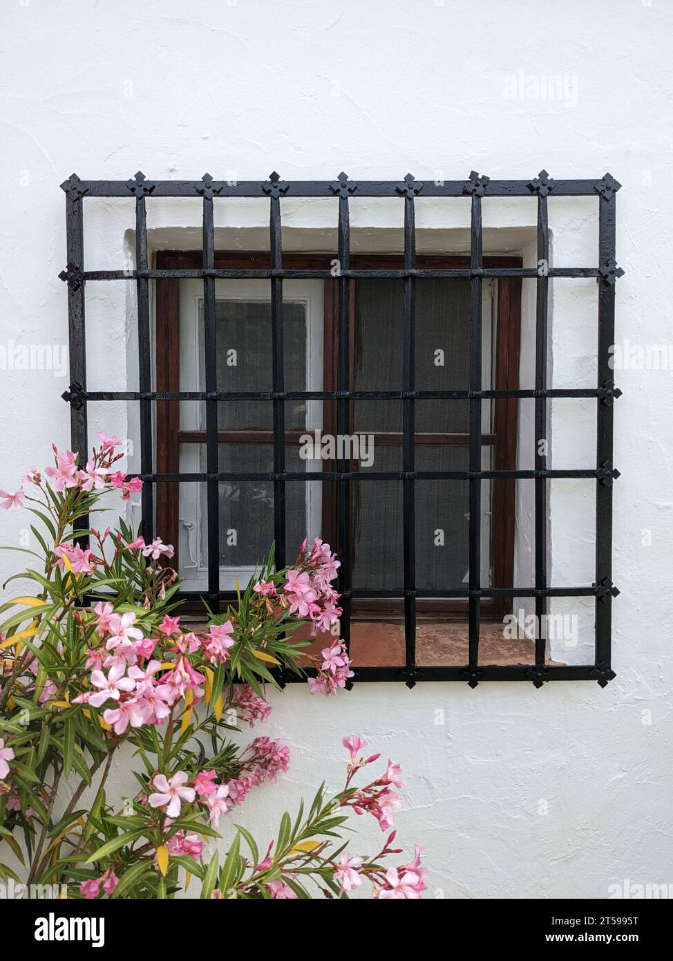Fenster mit typisch spanischem mediterranem Eisengrill. Stockfoto