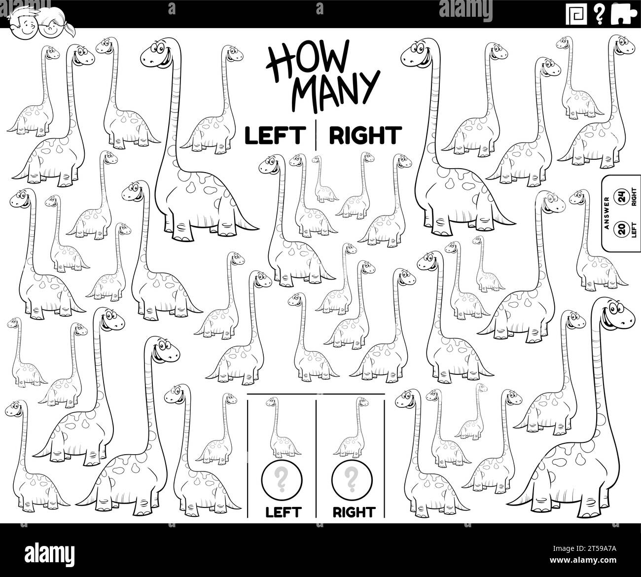 Schwarz-weiße Zeichentrickillustration der pädagogischen Aktivität des Zählens links und rechts orientierter Bilder von Comic-Dinosaurier-Charakteren Stock Vektor