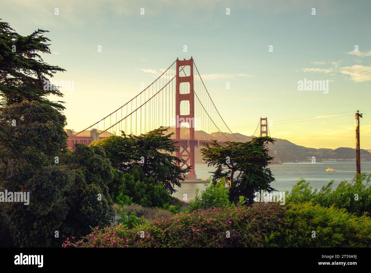 Fangen Sie die faszinierende Schönheit der Golden Gate Bridge ein, ein technisches Wunderwerk an der San Francisco Bay. Genießen Sie den bezaubernden Reiz dieses B Stockfoto