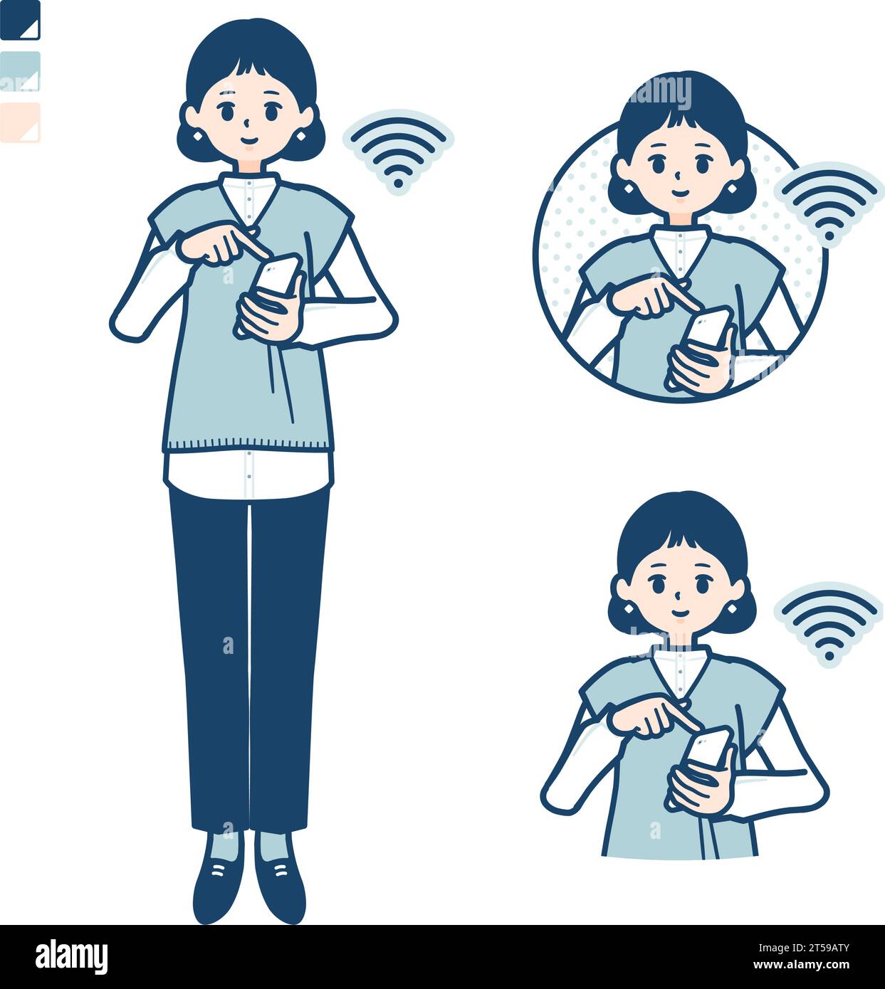 Eine Frau, die eine Strickweste mit den Bildern des Operate Smartphones trägt. Es ist Vektorgrafik, sodass es einfach zu bearbeiten ist. Stock Vektor