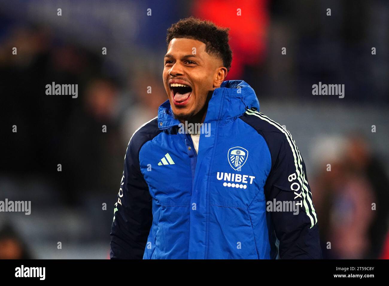 Georginio Rutter von Leeds United feiert nach dem letzten Pfiff im Sky Bet Championship Match im King Power Stadium, Leicester. Bilddatum: Freitag, 3. November 2023. Stockfoto