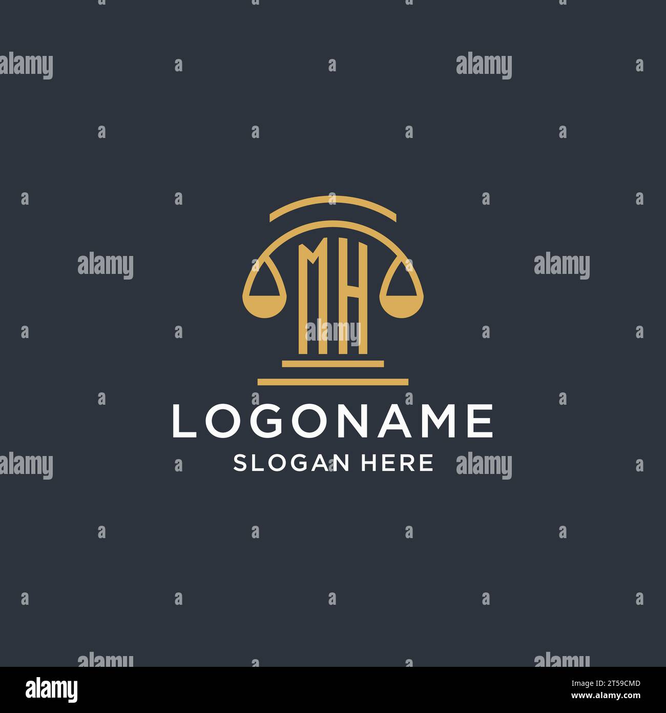MH Initial mit Skala der Gerechtigkeit Logo Design Vorlage, Luxus Recht und Anwaltslogo Design Ideen, Vektorgrafik Stock Vektor