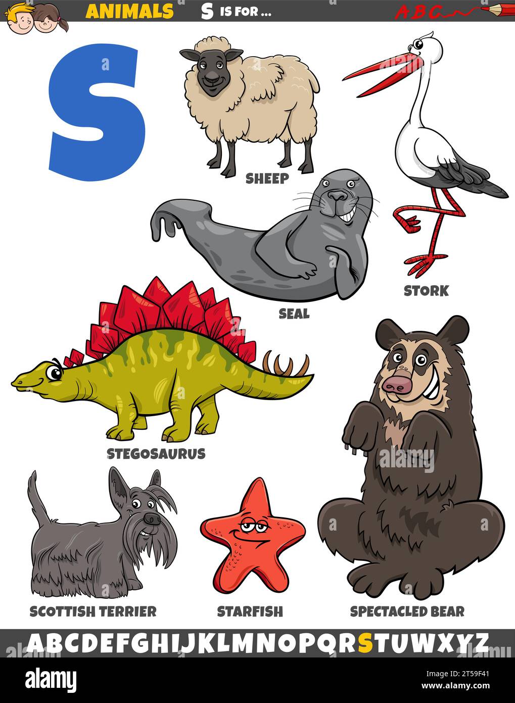 Zeichentrickillustration von Tierfiguren, die für den Buchstaben S gesetzt wurden Stock Vektor