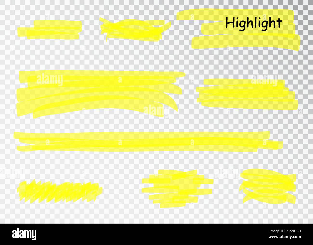 Gelbe Markierungslinien Für Textmarker. Vektorpinselstift unterstreichen Linien. Gelbes Aquarell, handgezeichnet, Hervorhebungsset Stock Vektor
