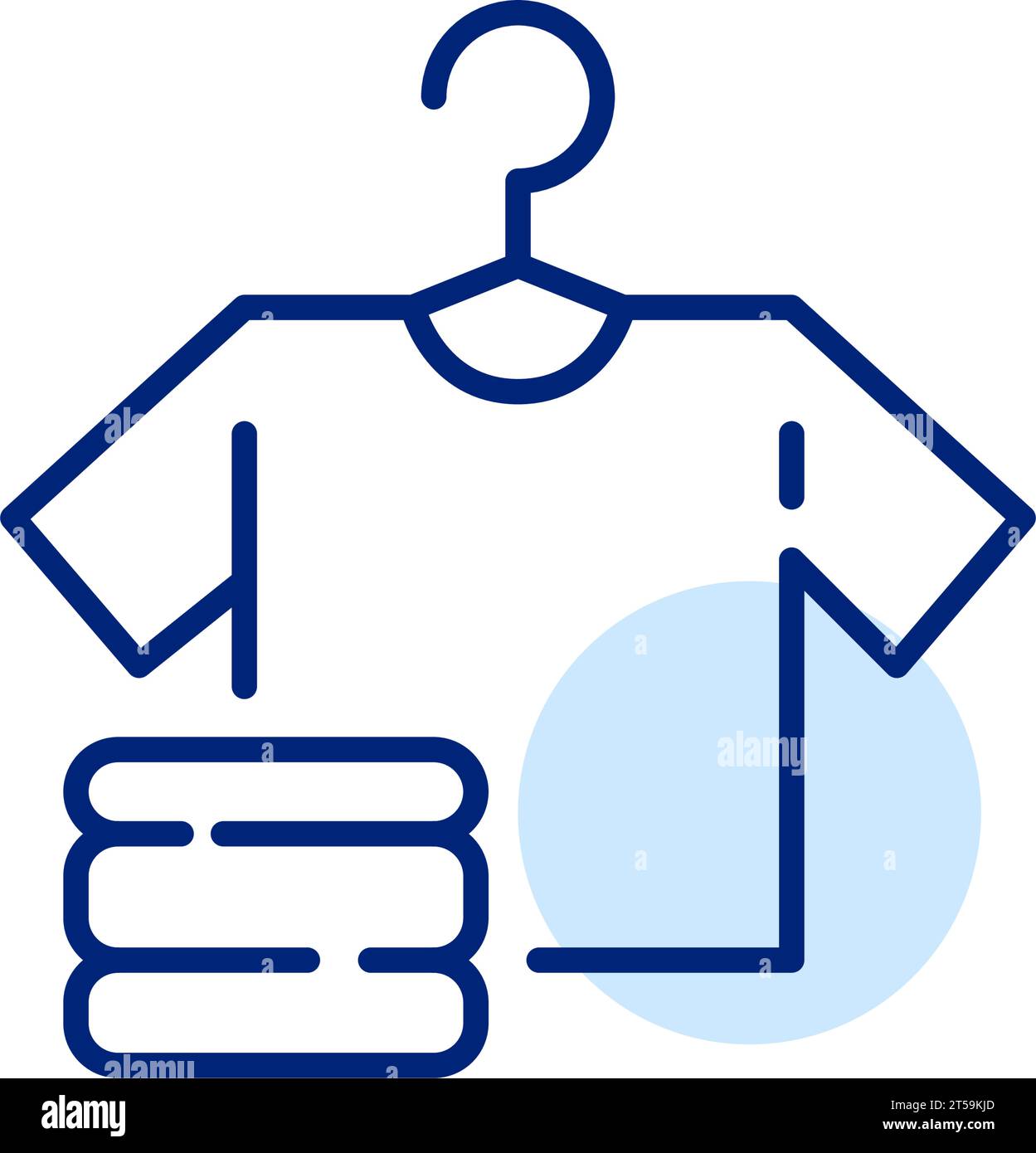 Weißes T-Shirt am Kleiderbügel und gefaltete Kleidung. Symbol für Wäsche und Sauberkeit. Symbol für Pixelperfekte, bearbeitbare Kontur Stock Vektor