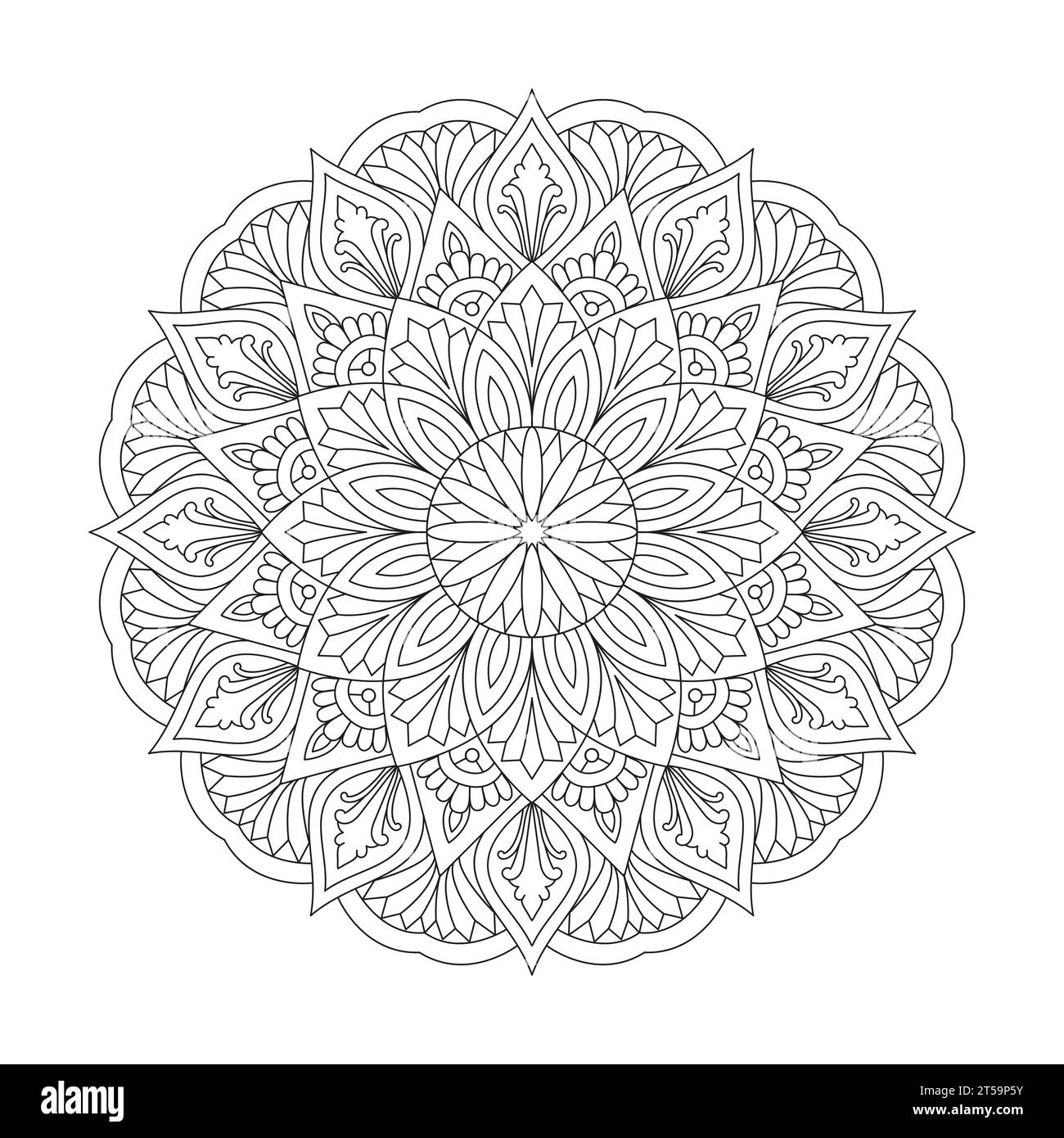 Leuchtende Blüten Mandala-Malbuch-Seite für Erwachsene für KDP-Buchinnenraum. Friedliche Blütenblätter, Fähigkeit zum Entspannen, Gehirnerlebnisse, harmonischer Hafen, Frieden Stock Vektor
