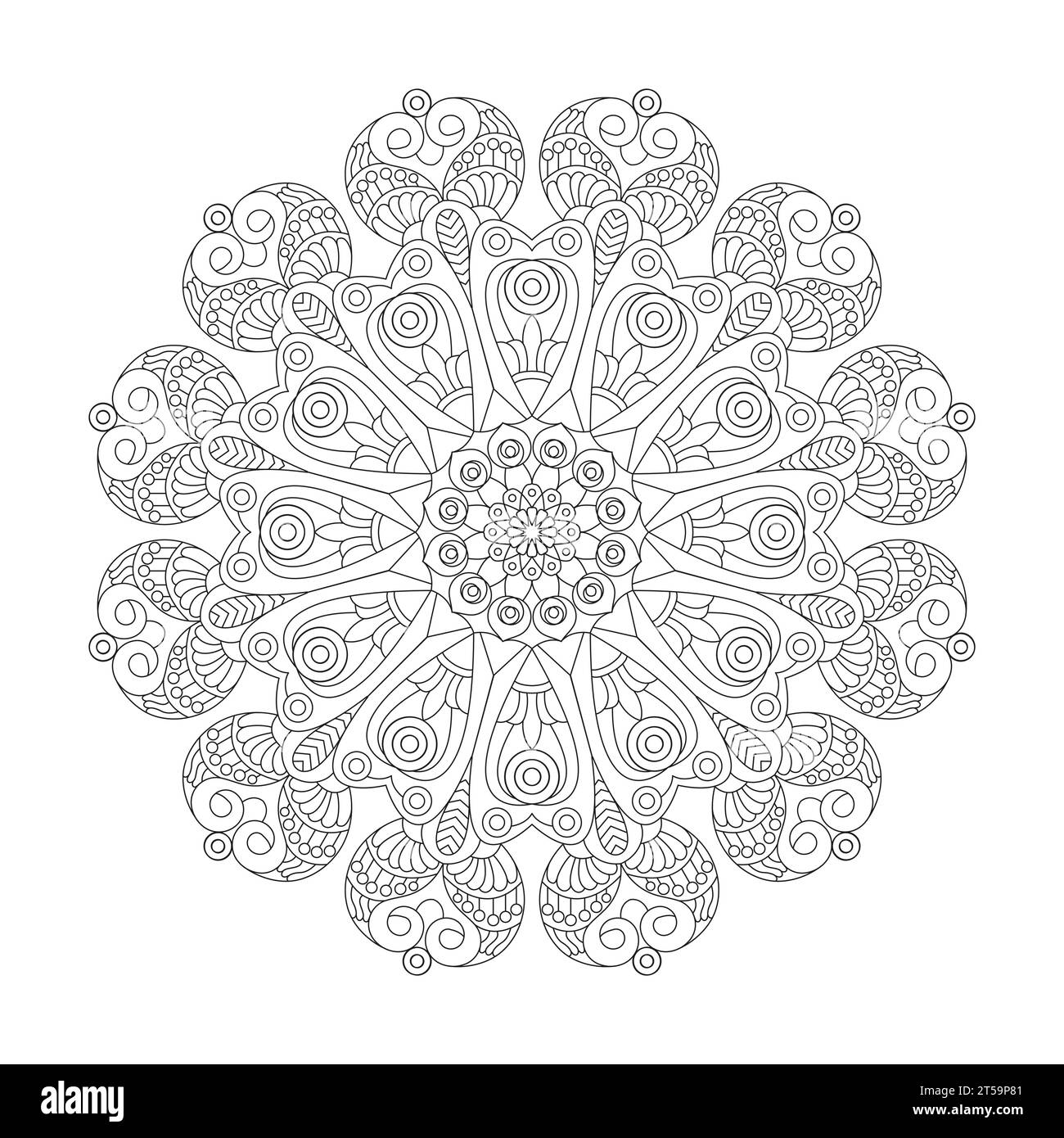 Floral Fantasy Mandala Malbuchseite für Erwachsene für KDP-Buchinnenraum. Friedliche Blütenblätter, Fähigkeit zum Entspannen, Gehirnerlebnisse, harmonische Oase, Stock Vektor
