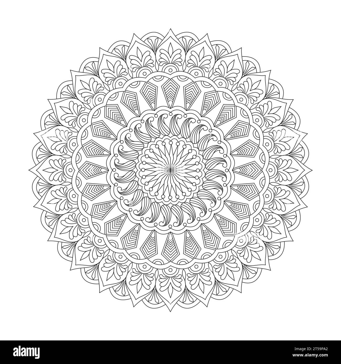 Serene Blossoms Mandala-Malbuch-Seite für Erwachsene für KDP-Bucheinbau. Friedliche Blütenblätter, Fähigkeit zum Entspannen, Gehirnerlebnisse, harmonischer Hafen, Frieden Stock Vektor