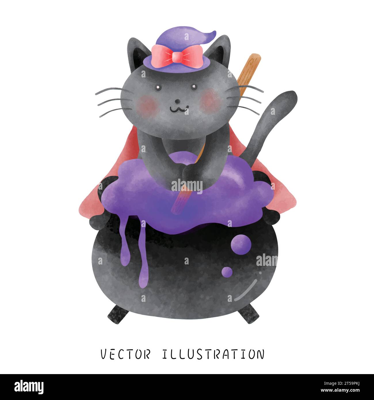 Tauchen Sie ein in die skurrile Welt von Halloween mit dieser bezaubernden Aquarellillustration. Begleiten Sie eine süße schwarze Katze in einem roten Trenchcoat Stock Vektor