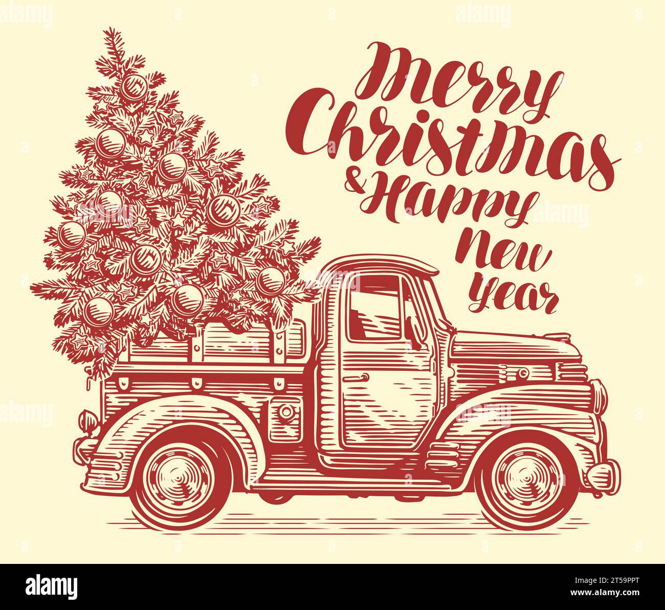 Retro-Truck und Tannenbaum mit Dekorationen im skizzenhaften Stil. Frohe Weihnachten und frohes neues Jahr. Vektorabbildung Stock Vektor