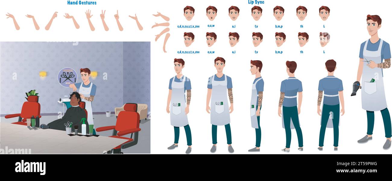 Ein Barber-Modellblatt, Erstellungsset. Friseur-Turnaround-Blatt, Handgesten, Lippensynchronisierung Stock Vektor