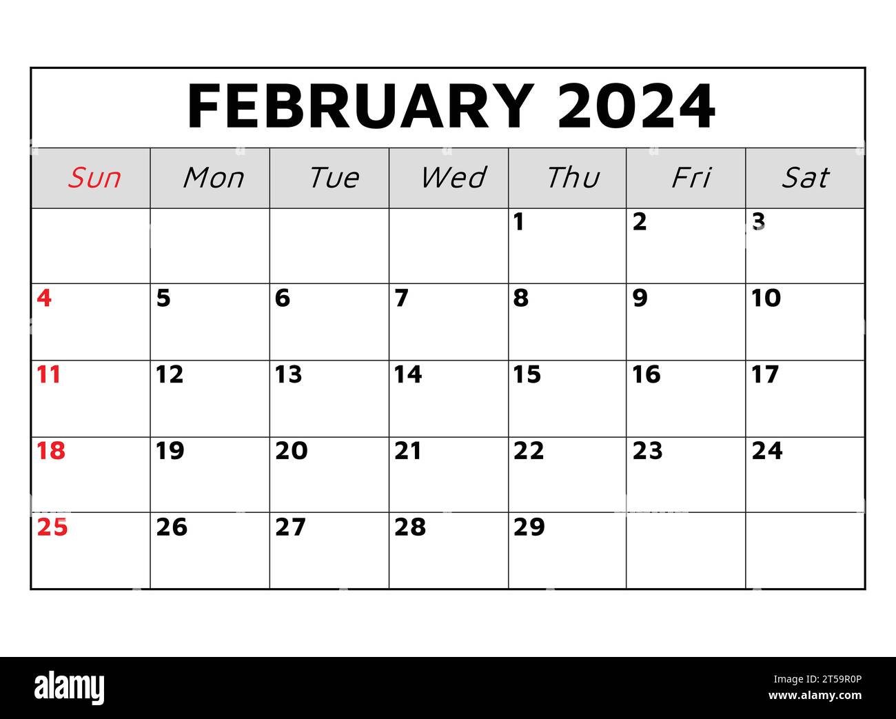 Februar 2024-Kalender. Vektorabbildung. Monatliche Planung für Ihre Geschäftsereignisse Stock Vektor