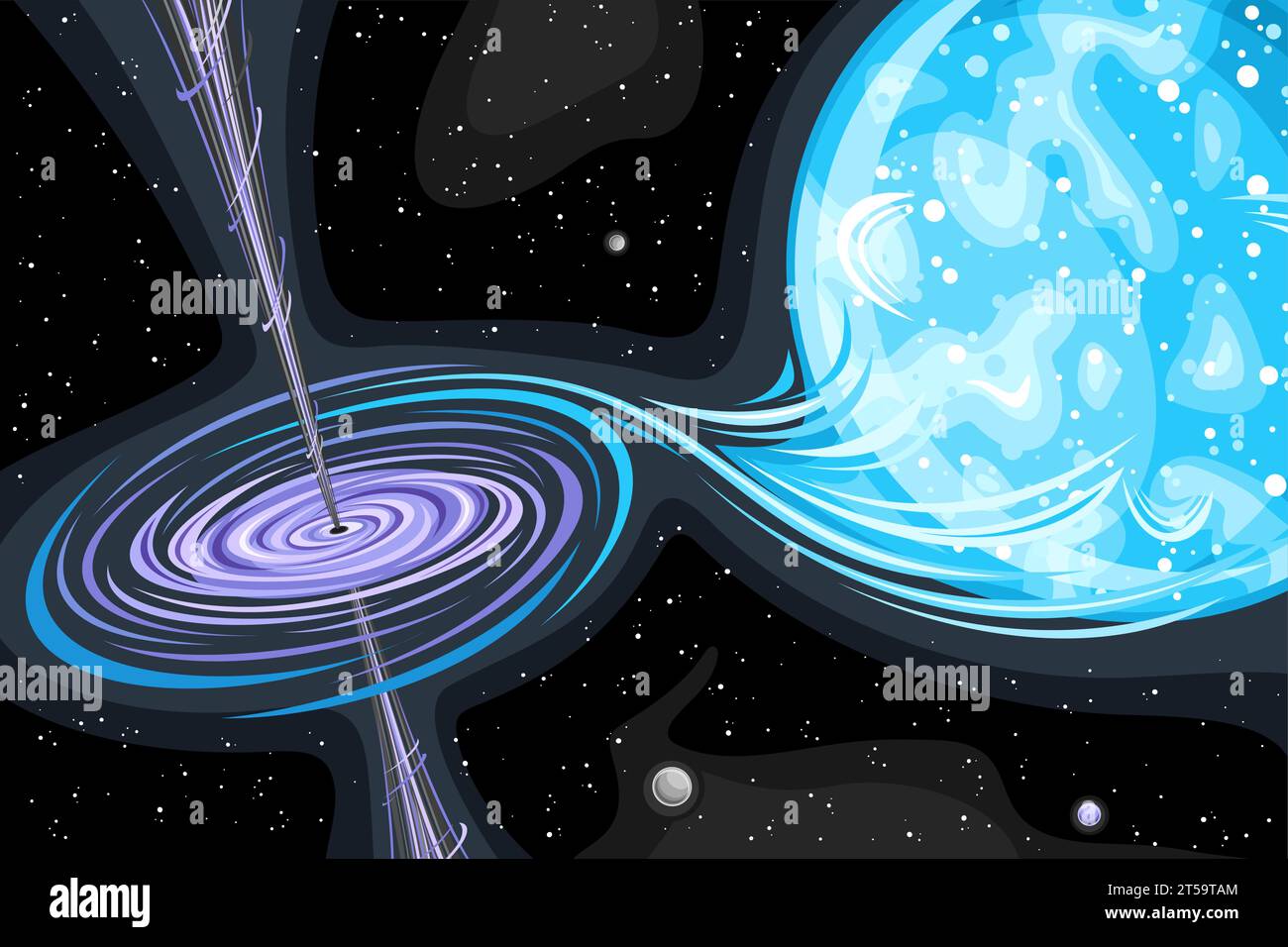 Vektorillustration von Black Hole, astronomisches horizontales Poster mit rotierendem schwarzen Loch absorbierenden supermassereichen weißen Stern im tiefen Raum, dekorativ Stock Vektor