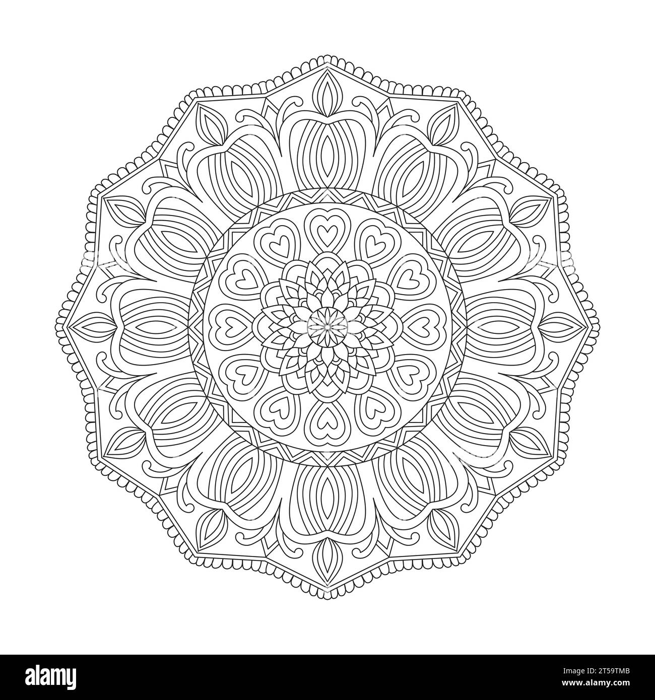 Friedliche Strudel Mandala-Malbuchseite für Erwachsene für KDP-Bucheinbau. Friedliche Blütenblätter, Fähigkeit zum Entspannen, Gehirnerlebnisse, harmonische Oase, Stock Vektor
