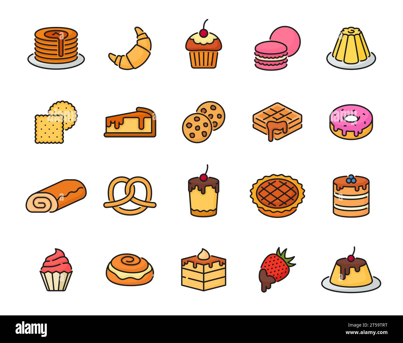 Farblinien für Dessert und Bäckerei. Kuchen, Pfannkuchen, Waffeln, Croissant und Gelee Pudding, Donut, Cracker Plätzchen, süßes Gebäck mit Makkaron und Brezel, Süßwaren und Bake Outline Piktogramme Set Stock Vektor