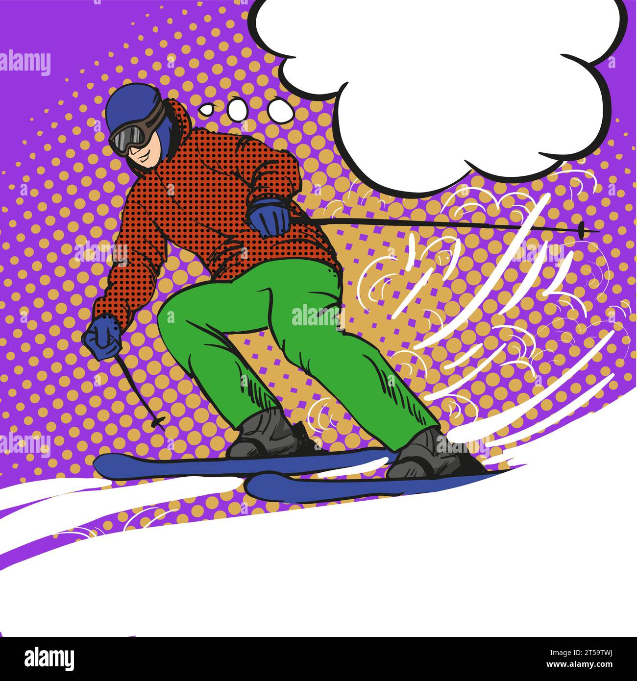 Man Skier Skifahren in den Bergen. Vektor-Illustration im Pop Art Retro-Stil. Wintersport-Urlaubskonzept. Stock Vektor