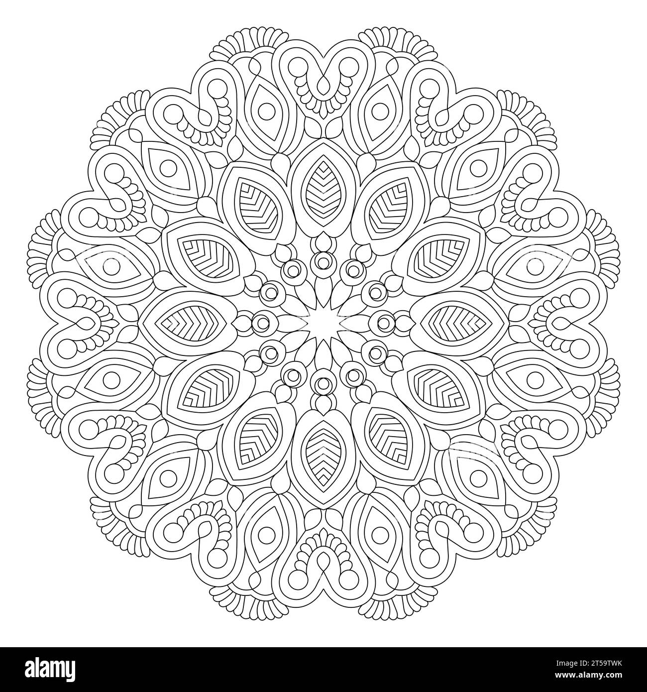 Mandala Magic Malbuchseite für KDP-Buchinnenraum. Friedliche Blütenblätter, Fähigkeit zum Entspannen, Gehirnerlebnisse, harmonischer Hafen, friedliche Porträts, Stock Vektor