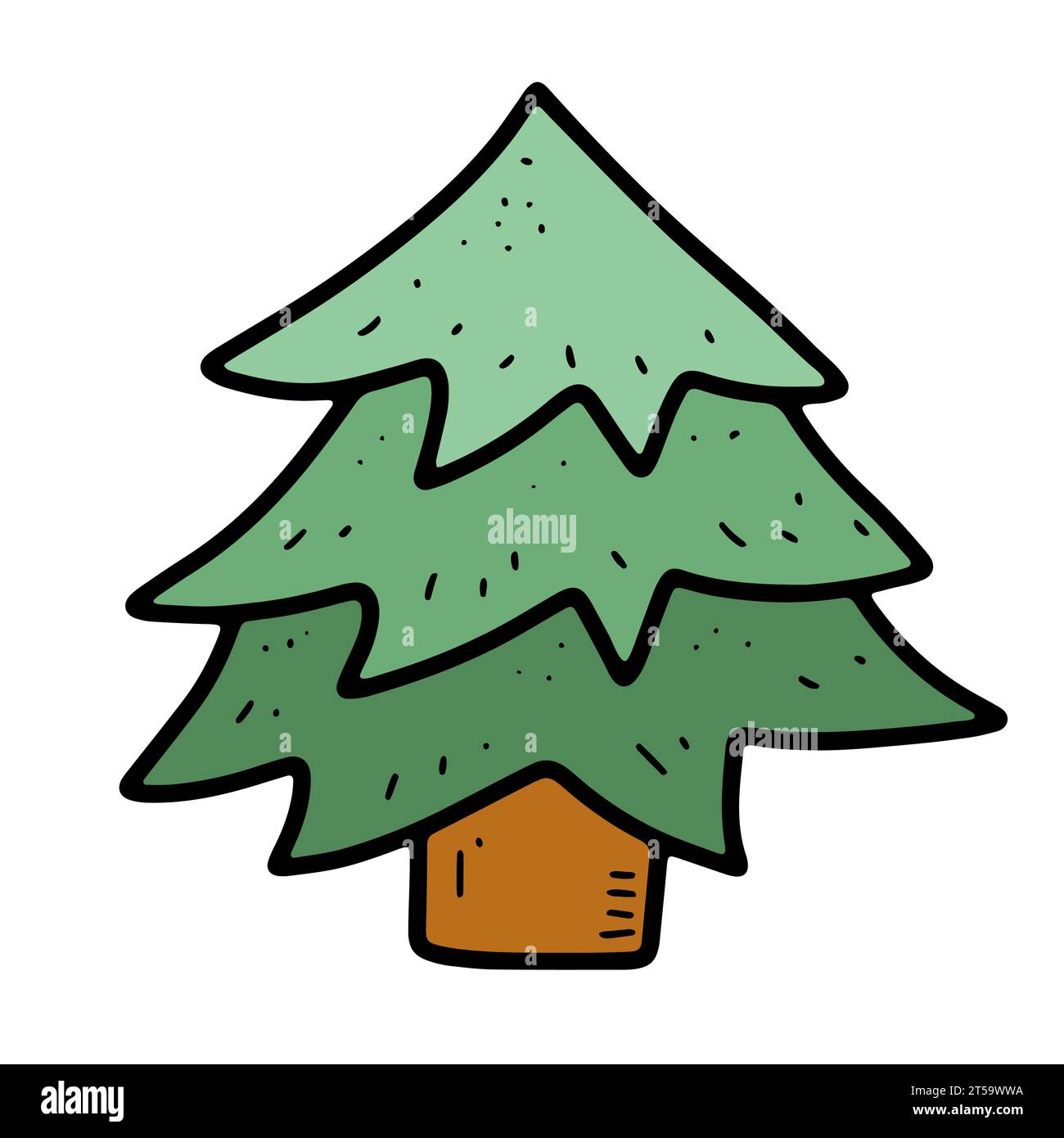 Vektor gemütlicher Doodle Weihnachtsbaum. Handgezeichneter Tannenbaum isoliert auf weißem Hintergrund. Grüner skandinavischer Nadelbaum. Frohes Neues Jahr, Frohe Weihnachten Stock Vektor