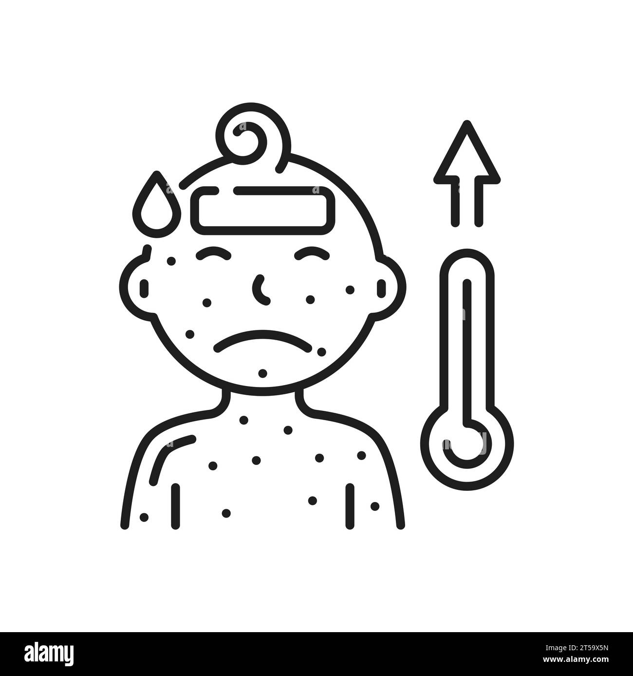 Krankes Kind mit Windpocken mit hoher Temperatur und Kopfschmerzen Umrisssymbol. Vektor-Hautkrankheit, juckende Hautausschläge auf der Haut des Babys. Junge mit Masern Stock Vektor