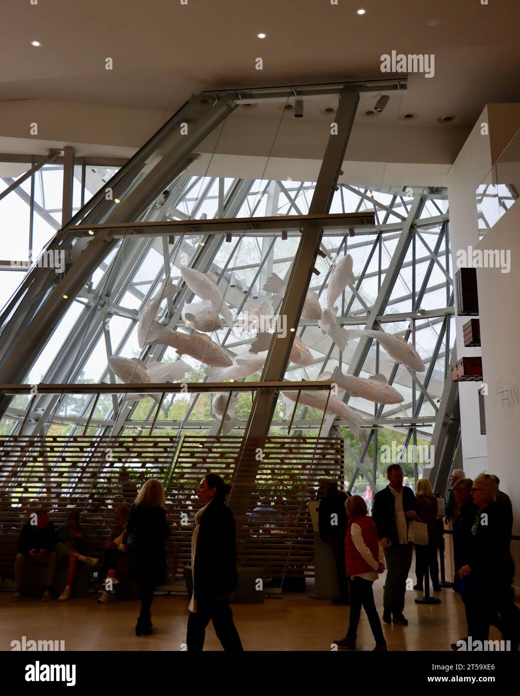 Frank Gehrys gemischte Medien Fish Lamp über dem Fondation Louis Vuitton Restaurant Le Frank in der Lobby des Gebäudes. Stockfoto