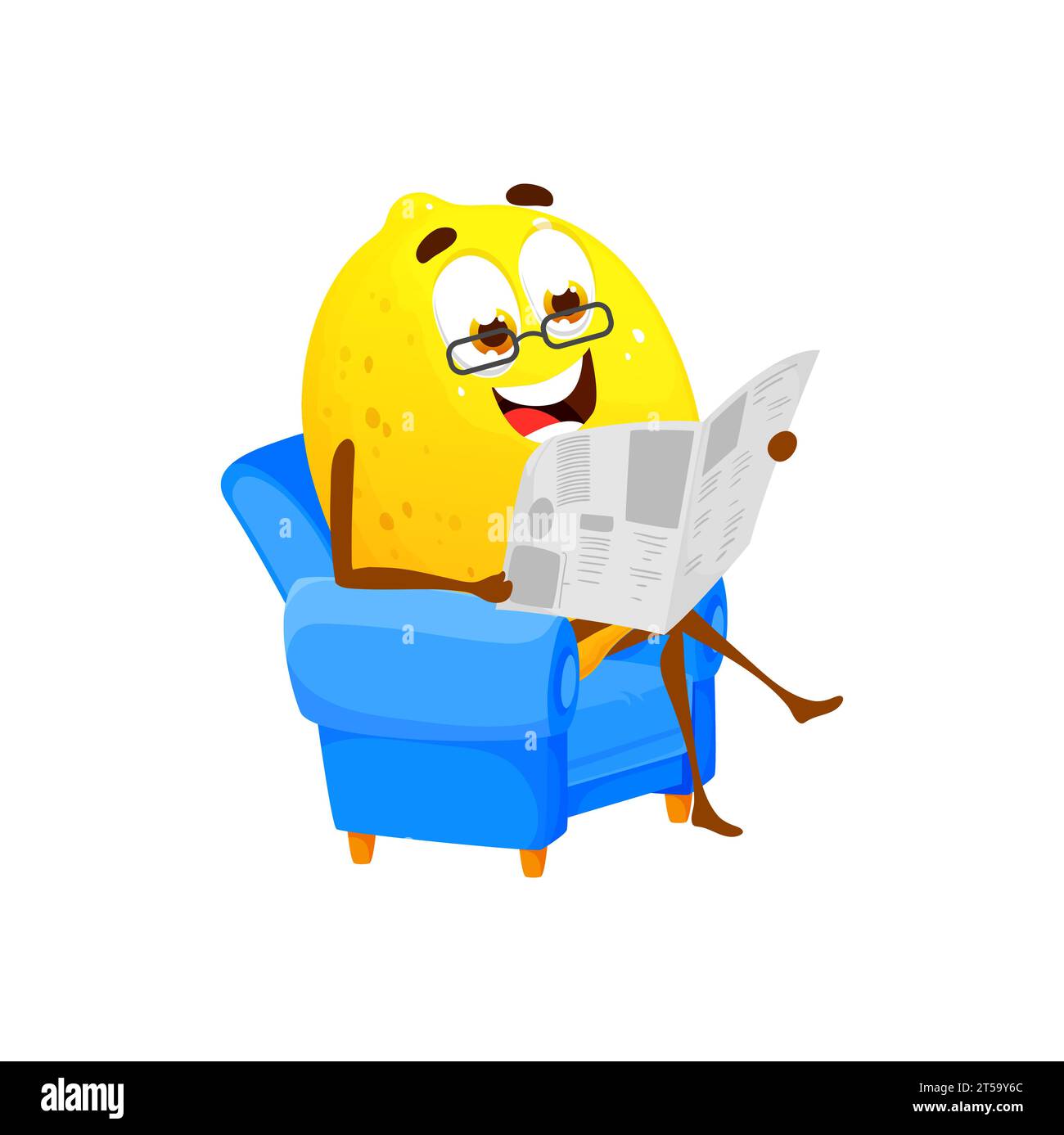 Zitronen-Zeichentrickfigur, die Zeitung liest und in einem bequemen Sessel sitzt. Isolierte Vektoren entspannte Zitrusfrüchte tragen Brillen gemächlich lesen gedruckte Artikel und Nachrichtenpublikationen in den Pressemedien Stock Vektor