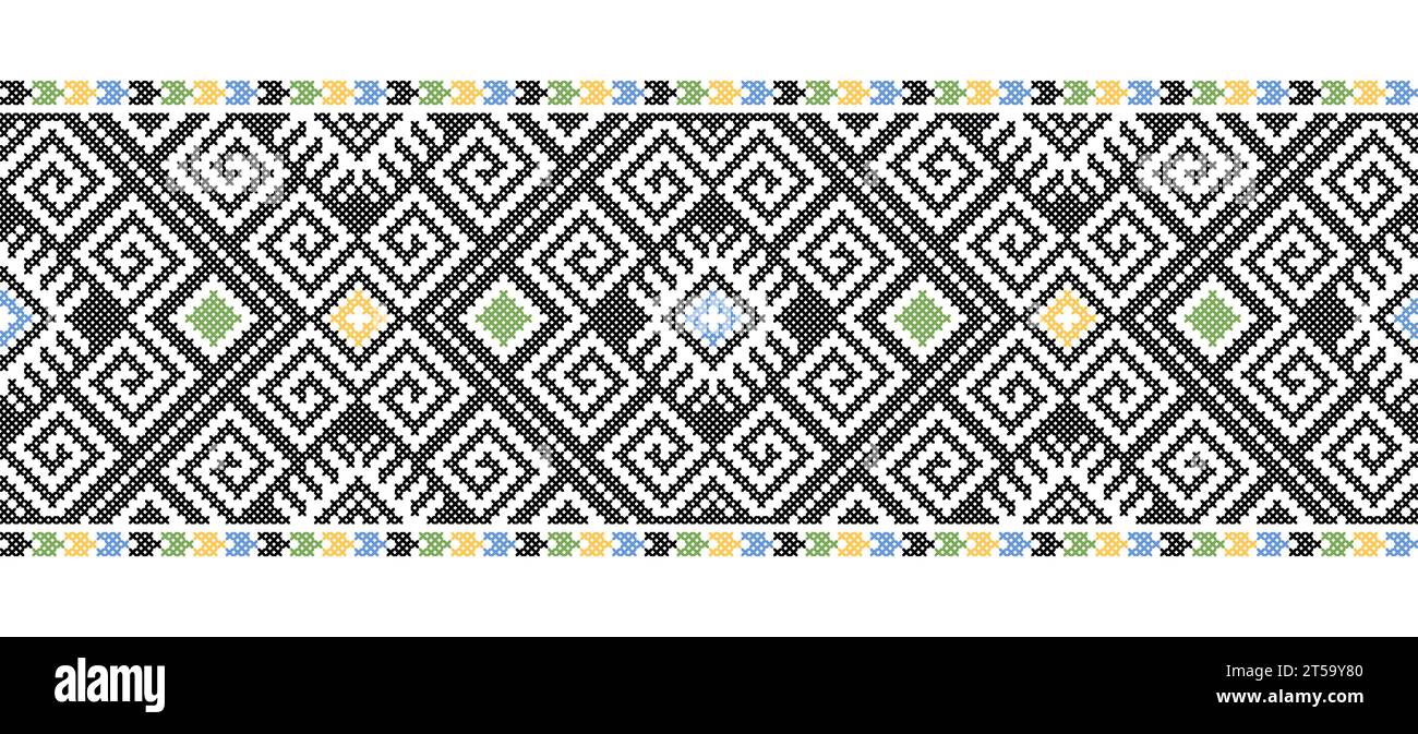 Ukrainian embroidery pattern for textile, fabric, cloth. Vector seamless pattern, print. Ukrainian folk embroidery, ethnic ornament in yellow and blue Stock Vektor