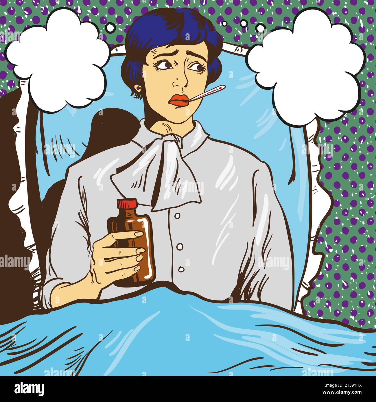 Eine kranke Frau mit Fieber legt sich auf ein Bett im Krankenhauszimmer. Das Mädchen hält ein Thermometer im Mund. Vektor-Illustration Pop Art Comic Stil Stock Vektor