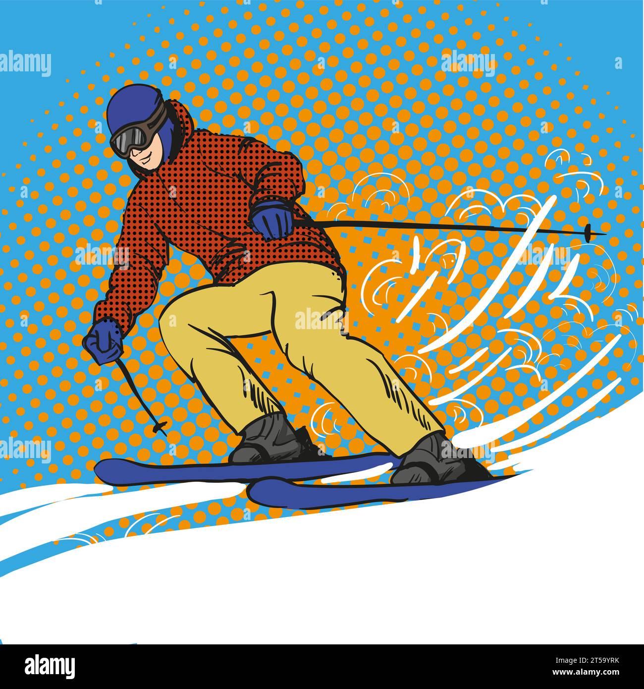 Man Skier Skifahren in den Bergen. Vektor-Illustration im Pop Art Retro-Stil. Wintersport-Urlaubskonzept Stock Vektor