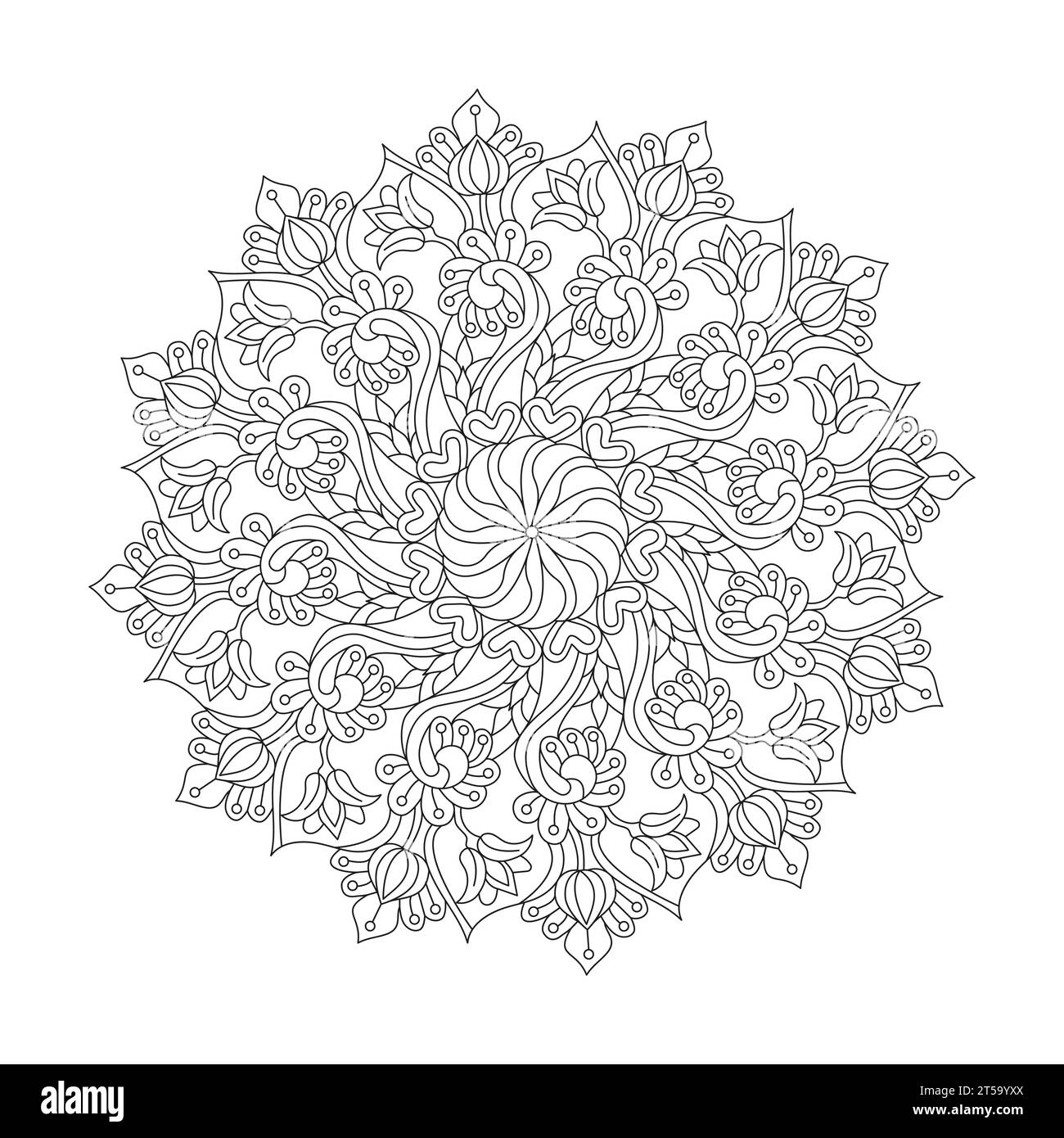 Mandala blühende Radiance Malbuchseite für Erwachsene für KDP-Bucheinbau. Friedliche Blütenblätter, Fähigkeit zum Entspannen, Gehirnerlebnisse, harmonische Oase, Stock Vektor
