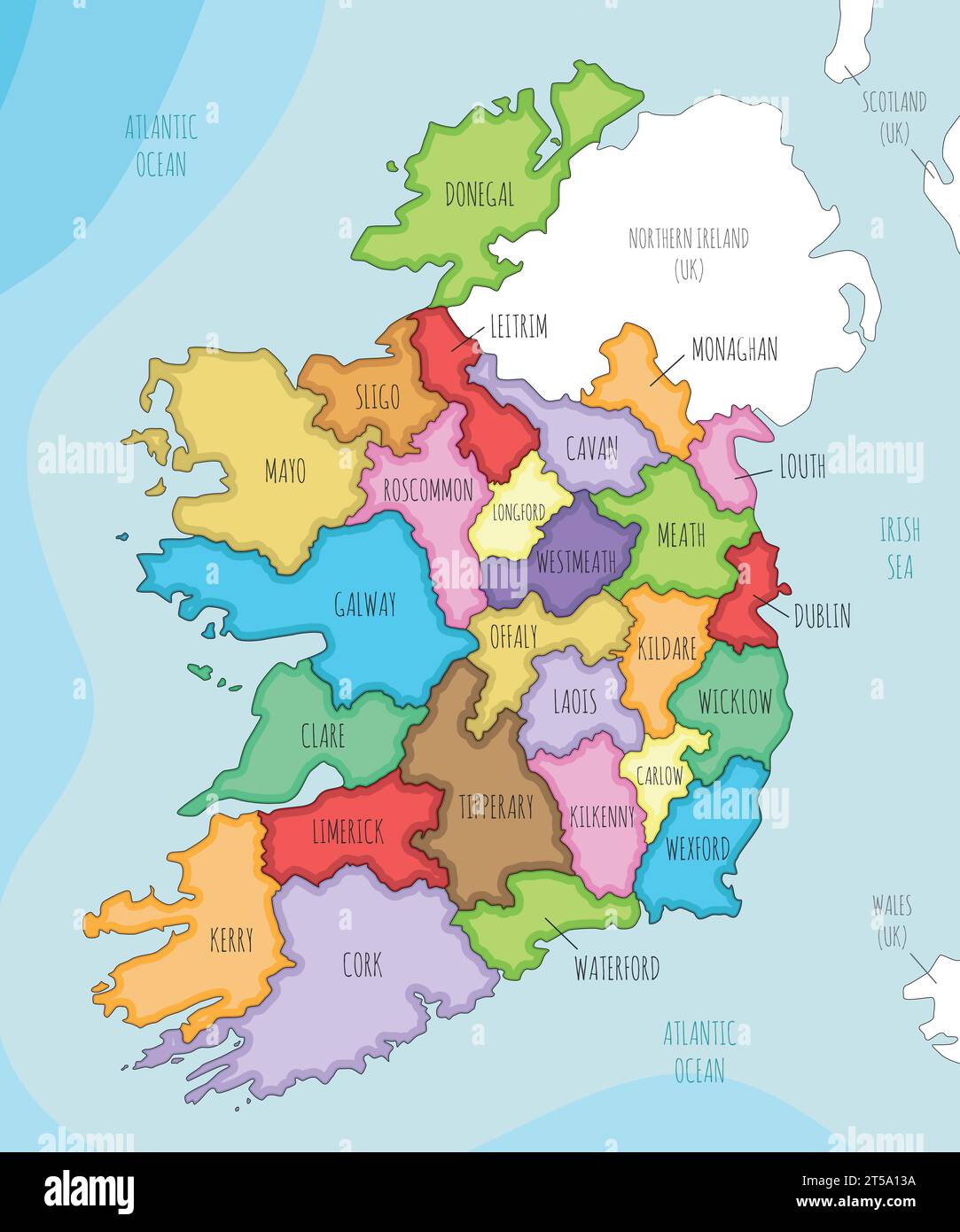 Vektor-illustrierte Karte von Irland mit Grafschaften und Verwaltungsabteilungen sowie Nachbarländern. Bearbeitbare und klar beschriftete Ebenen. Stock Vektor