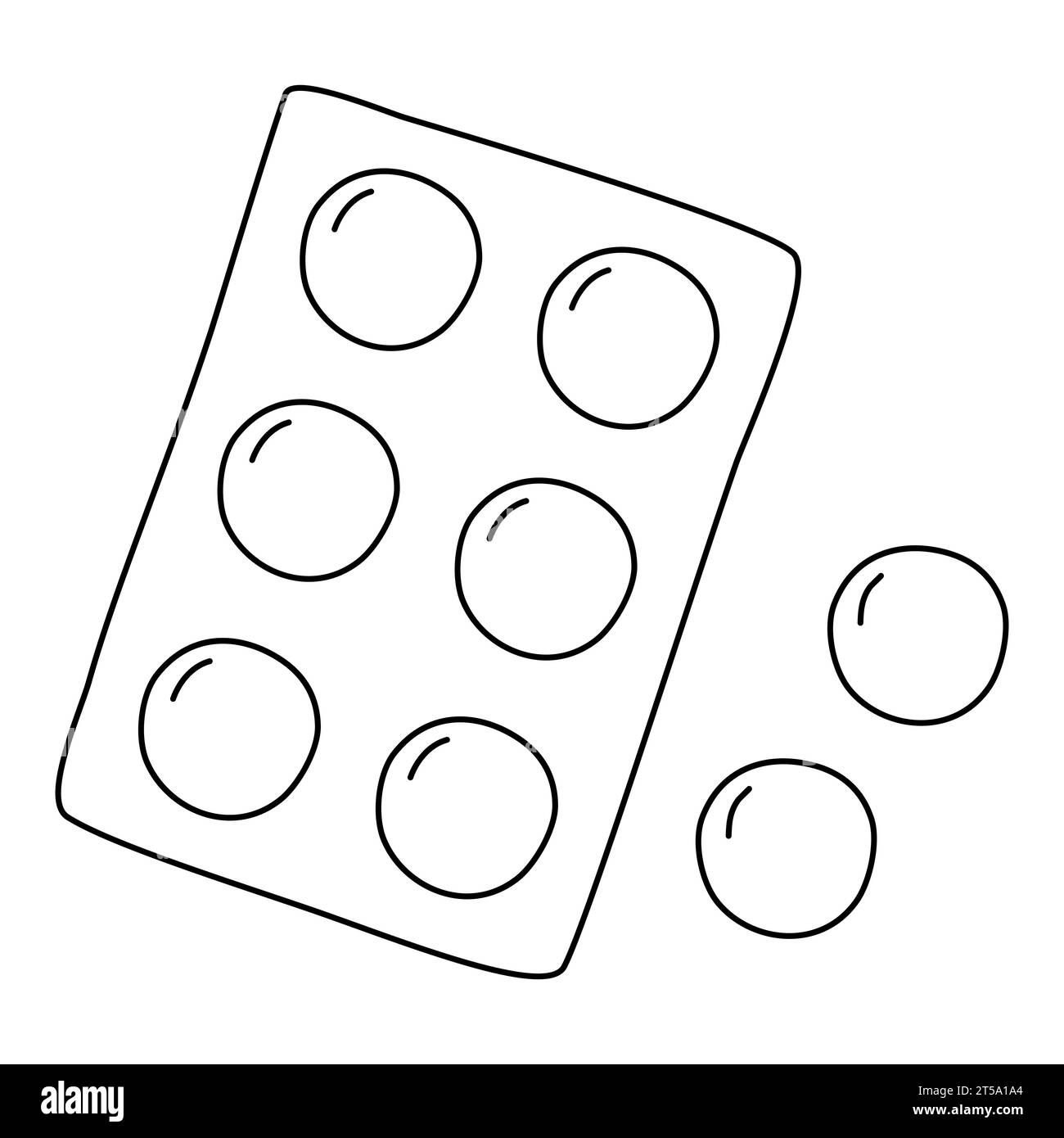 Große runde Tabletten, Lutschtabletten oder Pillen in Blisterpackung, Erkältung und Grippe oder Halsschmerzen Behandlung, Doodle-Stil flache Vektor-Umrissillustration für Kinder Malbuch Stock Vektor