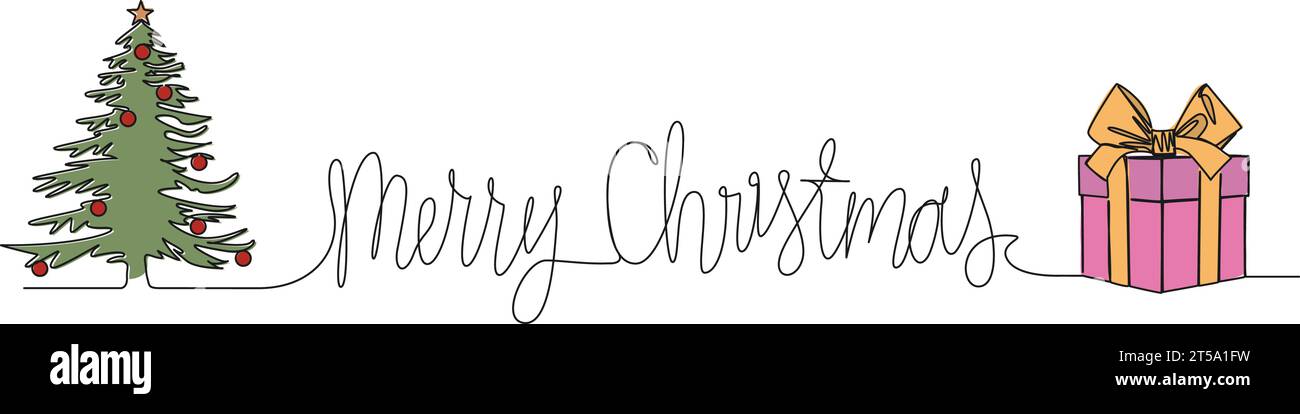 Ununterbrochene einzeilige Zeichnung der handgeschriebenen Wörter FROHE WEIHNACHTEN mit weihnachtsbaum und Geschenkbox, Linie Art Vektor Illustration Stock Vektor