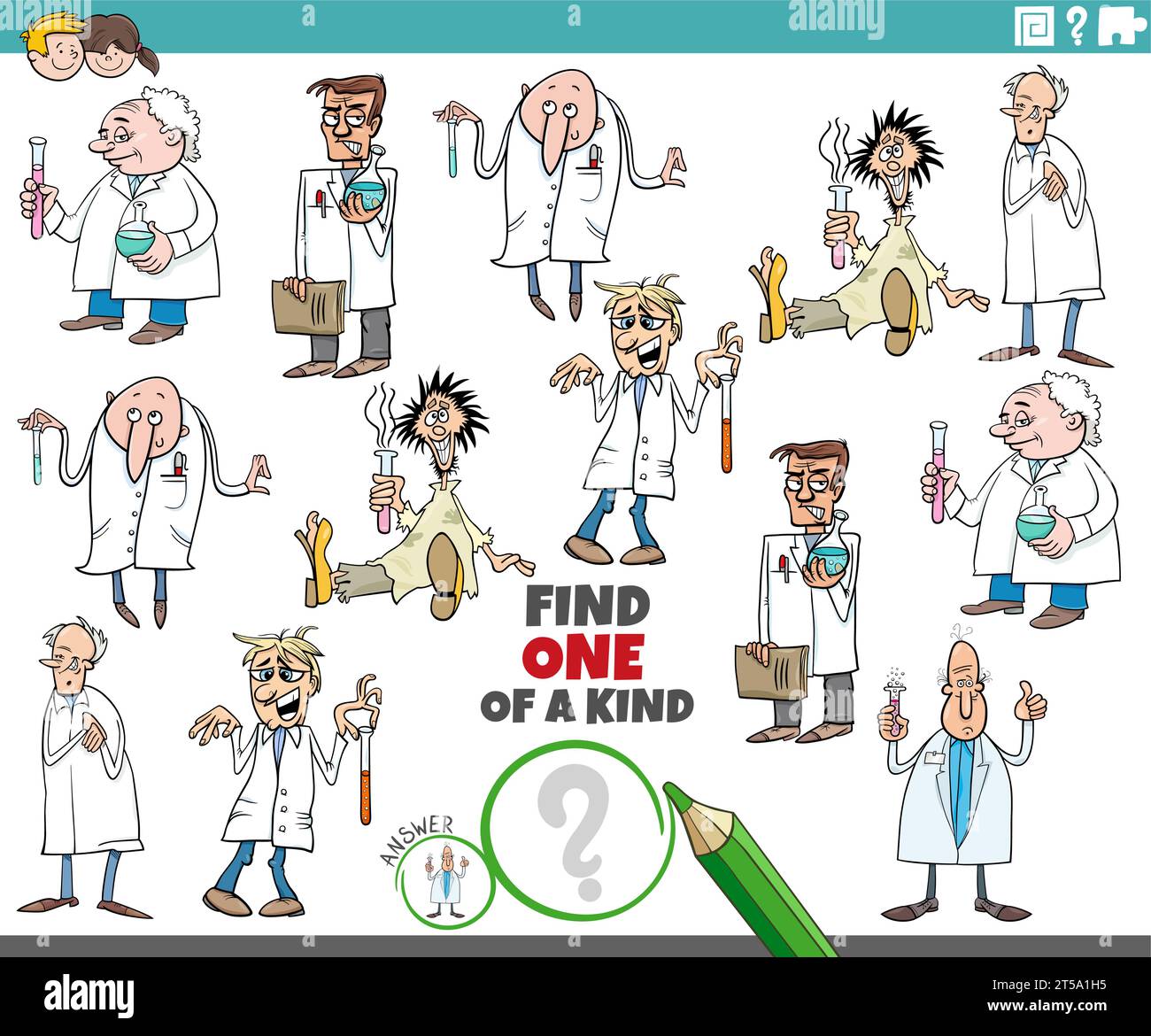 Zeichentrickillustration von Find one of a Art Picture lehrreiche Spiel mit Wissenschaftlern oder Erfindern Charaktere Stock Vektor