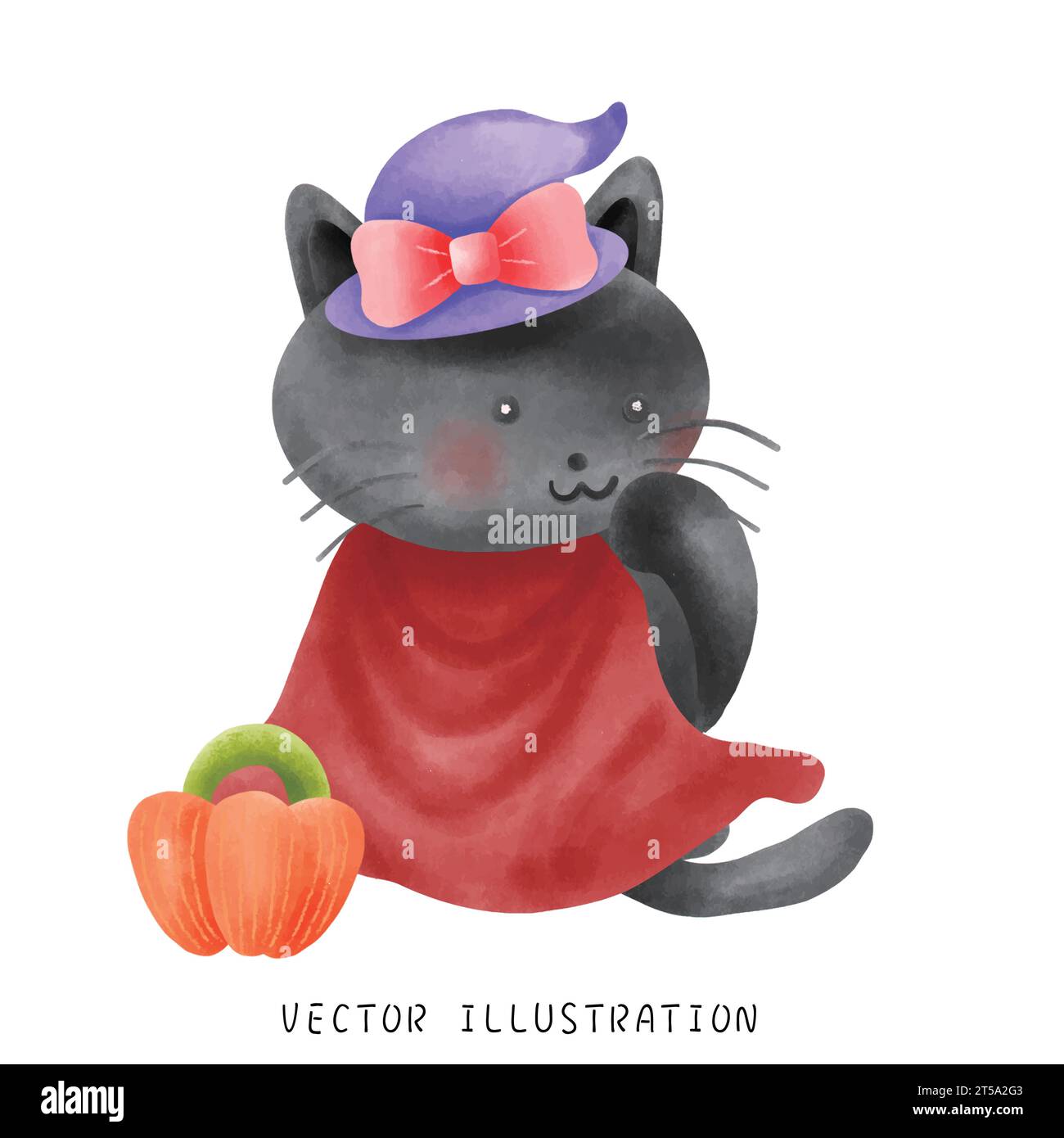 Tauchen Sie ein in eine Welt der Halloween-Magie mit dieser entzückenden Aquarellillustration. Eine süße schwarze Katze, verkleidet als Vampir, mit einer rosa Schleife und Stock Vektor