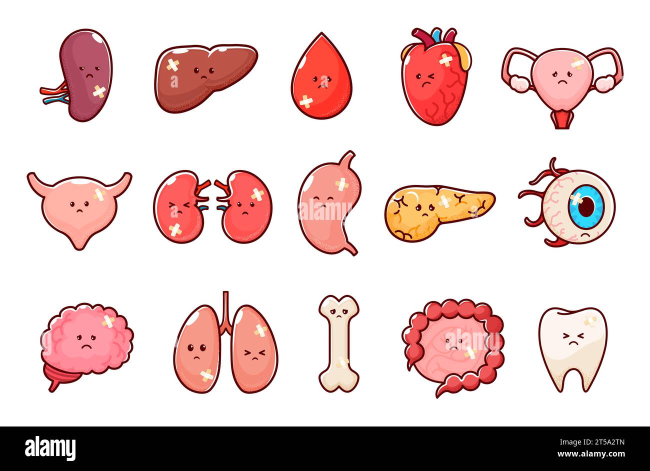 Cartoon unglückliche kranke Körper Organfiguren. Verletzte und ungesunde menschliche Organe. Vektor Herz, Lunge, Niere, Leber und Magen, Blase, Pankreas, Gallenblase oder Darm. Uterus, Augapfel, Knochen, Blut Stock Vektor