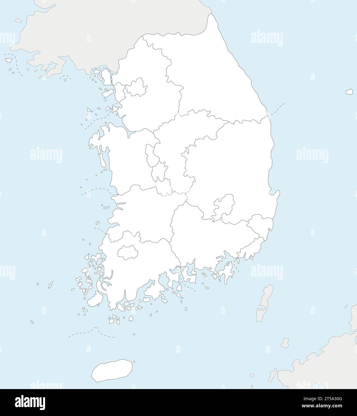 Leere Vektorkarte von Südkorea mit Provinzen, Metropolen und Verwaltungsbereichen sowie Nachbarländern. Bearbeitbar und übersichtlich im Labor Stock Vektor