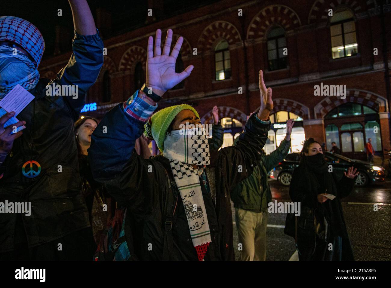 London, Vereinigtes Königreich - 3. November 2023: Pro-palästinensischer Sit-in-Protest am Bahnhof Kings Cross Stockfoto