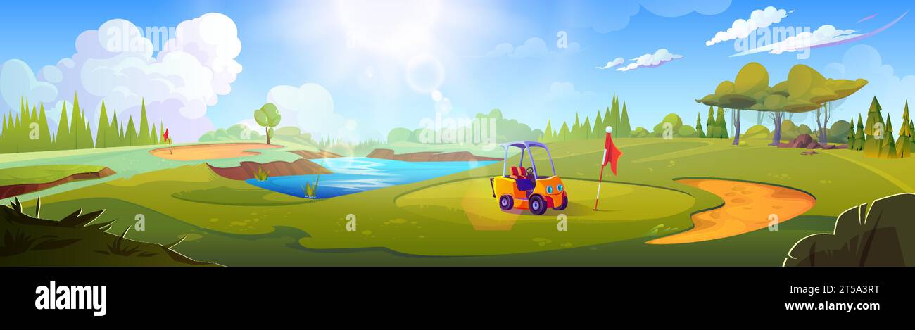 Cartoon-Golffeld mit grünen Grashügeln, Sandflächen und Wassersee. Vektor Sommer oder Frühling sonnige Tageslandschaft mit Wagen in der Nähe von Loch mit Flagge auf Golfplatz. Rasen mit Grün und Sportausrüstung. Stock Vektor