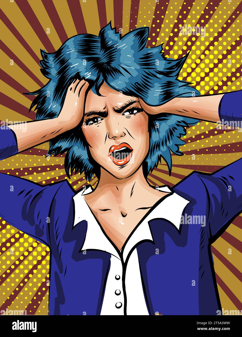 Nahaufnahme-Porträt einer wütenden Frau, die weit offenen Mund auf gelbem Hintergrund schreit Stock Vektor
