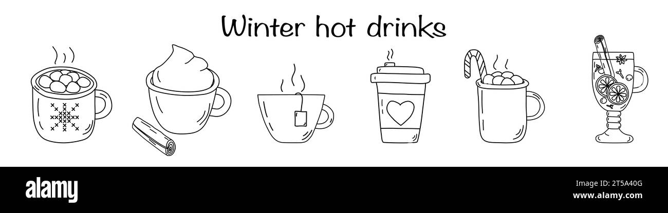 Set mit verschiedenen warmen Wintergetränken, heißer Schokolade, Kaffee, Tee, Glühwein, Kakao, Doodle-Stil flache Vektor-Umrissillustration für Kinder Malbuch Stock Vektor
