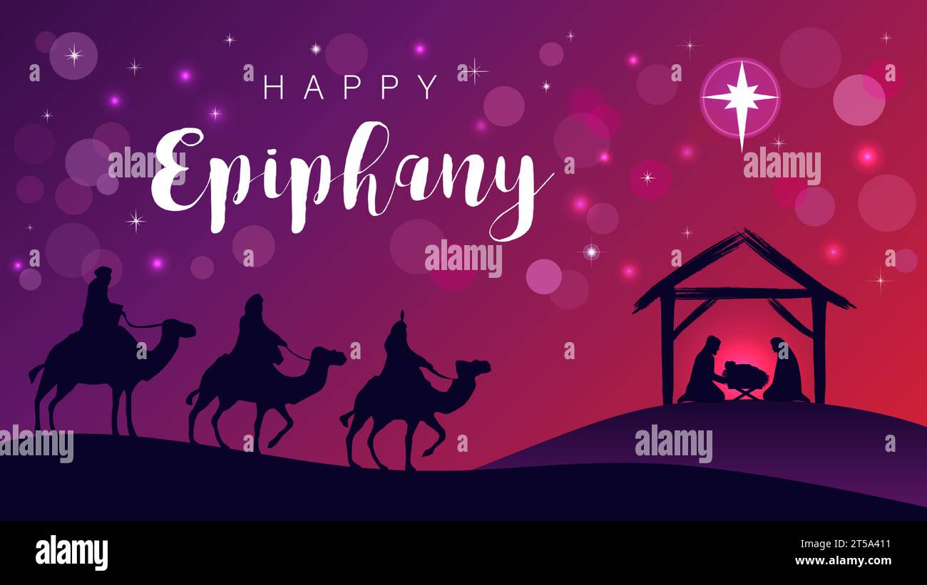 Frohe Epiphanik, Krippe mit Weisen, Jesus in der Krippe und Bethlehem-Stern. Vektorabbildung Stock Vektor