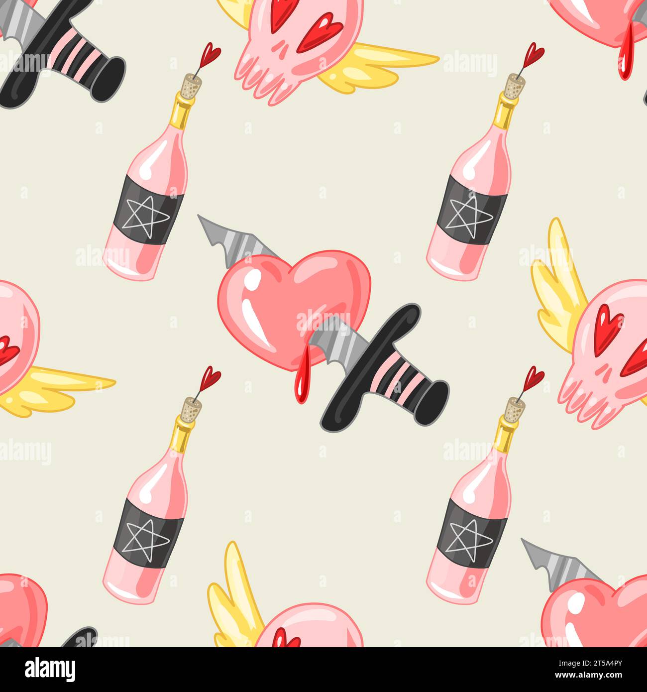 Gruselige Valentinstag nahtlose Muster, Spooky Valentine, Pastel Goth digitale Aufkleber, Alternative Valentinstag Vektor EPS10 Stock Vektor