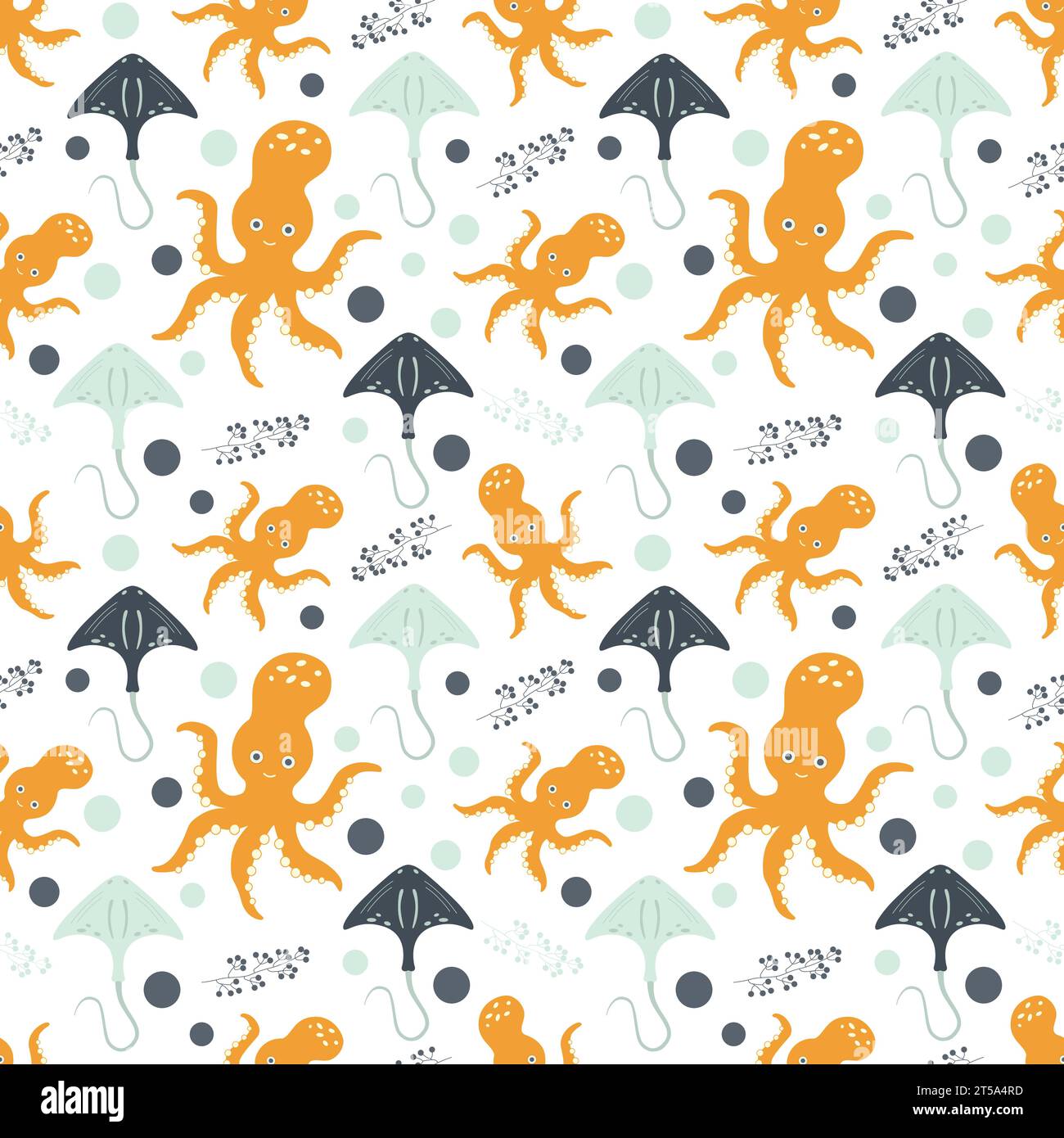 Nahtloses Muster mit Meerestieren. Oktopusse, Stachelrochen im Ozean unter Meerespflanzen auf weißem Hintergrund. Vektorabbildung. Design für Baby d Stock Vektor